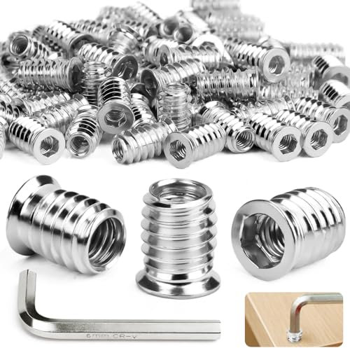 Ziamzra Lot de 120 écrous à visser M6 x 10 mm - Insert fileté en bois M6 - Manchons filetés hexagonaux galvanisés pour meubles en bois, acier, pin, contreplaqué, panneaux composites