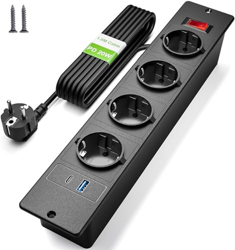 Einbau Steckdosenleiste mit USB C PD 20W und Schalter, Versenkbare Steckdose 4 Fach, Tischsteckdose Einbausteckdose für Tischplatte Arbeitsplatte Möbel Nachttisch - 2M Kabel, Schwarz