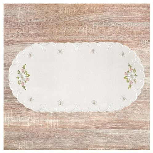 Deckchen kleine Margeriten Echte Plauener Stickerei Tischdecken in Natur mit gestickten Blumen in rosa 45 x 22 cm