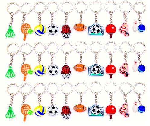 JZK 30x Ball sports themed party favours, table tennis baseball volleyball bowling basketball football keyrings keychains, ball games prizes gift gadget, kids birthday party bag fillers