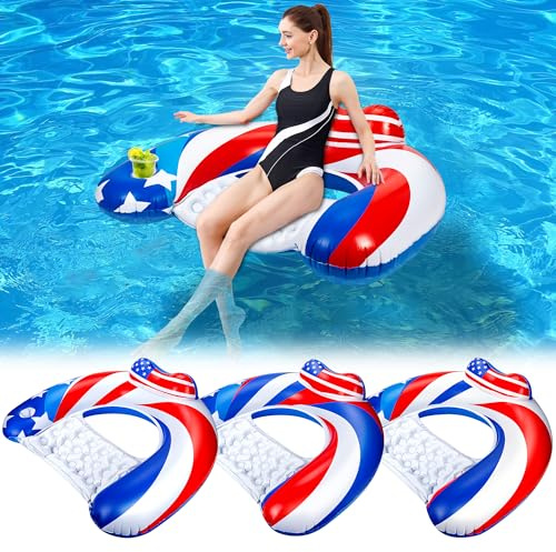 SEETOHOME 3 Pack Pool Floats Chair Adult with Drink Holder, Inflatable Floating Pool Chairs for Adults Swimming Pool Party Lake River Summer Water Fun