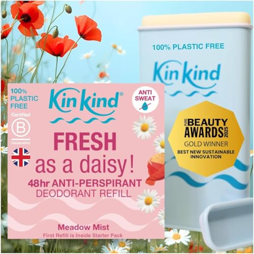KinKind Refillable 48hr Antiperspirant Natural Deodorant for Women. 100% Plastic Free. 48hr Odour Protection. Natural Antiperspirant Women. FRESH as a daisy! Meadow Mist Starter Case & Refill