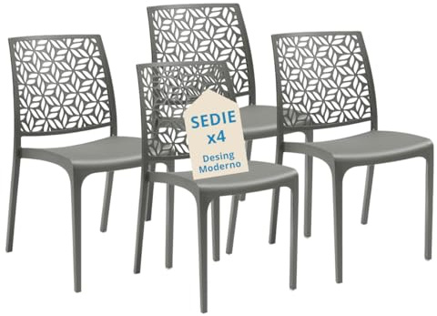 Tomaino - Sedia in Plastica Da Cucina - Set 6 Sedie Plastica Impilabili Con Braccioli Per Esterno e Interno - Sedie per Giardino, Soggiorno, Balcone o Bar (4, Grigio)