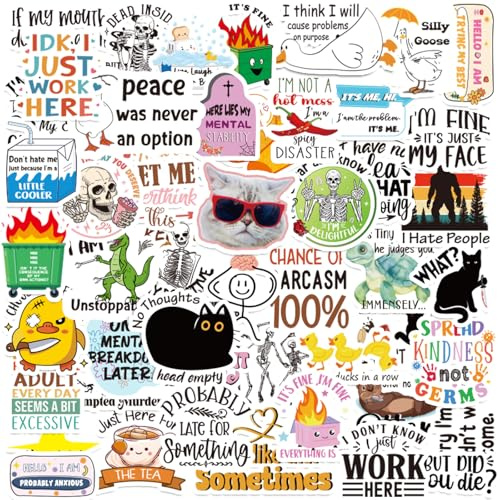 Eiapadeor 50 Pcs Funny Sarcastic Humorous Stickers for Adults, Vinyl Decals | Cool Humor Themed, Waterproof, for Water Bottles Laptop Computer Phone Journaling