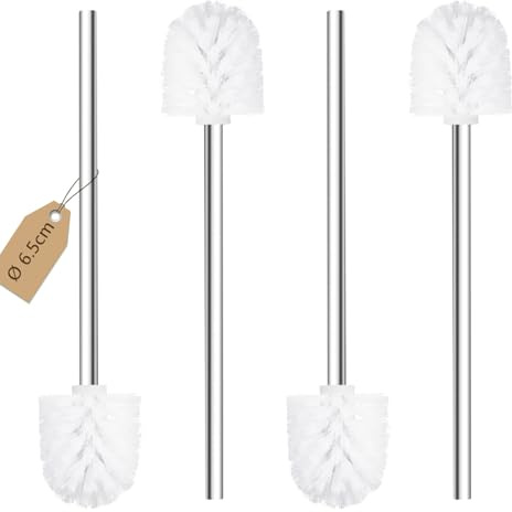 Juego de 4 escobillas para inodoro, escobillas con mango de acero inoxidable, escobillas de inodoro de acero inoxidable de pie para baño, inodoro, ergonómicas, elegantes, duraderas (Ø 6,5 cm, blanco)