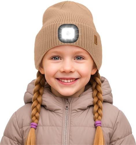 ATNKE Kinder LED Mütze mit Licht, USB Wiederaufladbare 4 LED Beleuchtete Laufmütze Freihändig Stirnlampe Winter Warm Fleece Gefüttert Strick Mütze Geschenke für Jungen und Mädchen