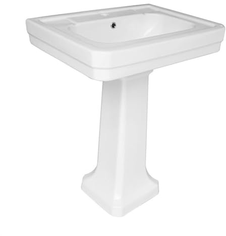 CAFIEDR Lavabo de baño con Pedestal y Orificio para Grifo y rebosadero, Lavabo de Columna de cerámica Blanca clásica, Lavabo de pie Combinado con grifos y Kit de Drenaje.(A)