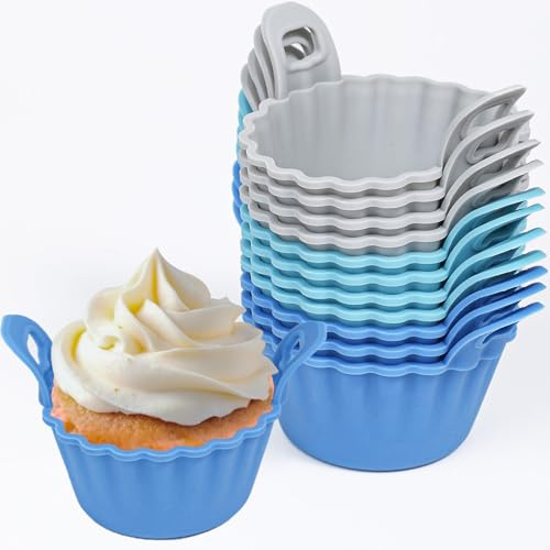 KOLUTI Nonstick Silicone Muffin Baking Cups Pack of 12, Reusable Cupcake Molds with Double Handle, BPA Free, Mini Round Air Fryer Cupcakes Liner, 3 Colors