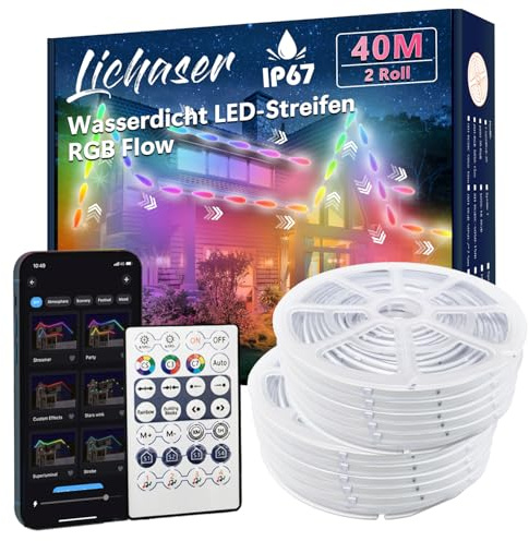 Lichaser 39m Outdoor RGB+IC LED Strip Wasserdicht Verfolgen IP67, DIY, Segmentieren von LED-Streifen mit BT App und 2.4G RF Fernbedienung für den Außenbereich
