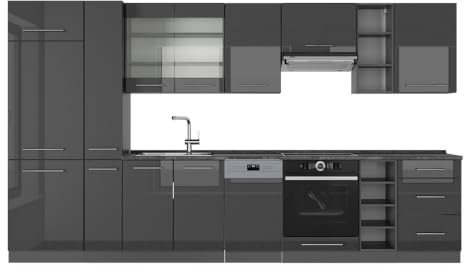Vicco Küchenzeile Fame-Line, Anthrazit Hochglanz, 355 cm | 12 Module · Höhenverstellbare Füße · AP Anthrazit inkl. · MDF-Fronten · Softclose · Metallgriffe