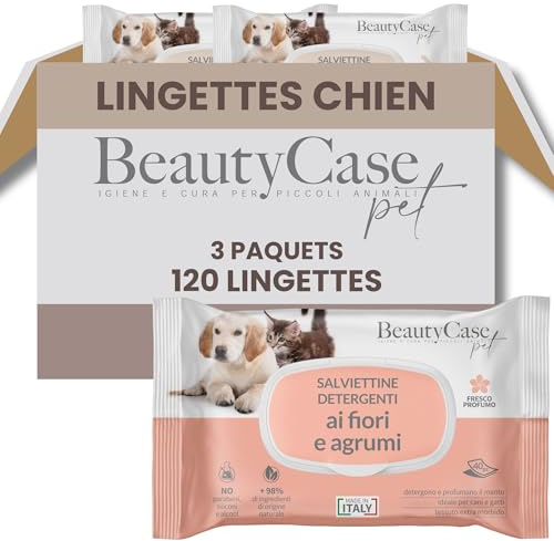 Beauty Case Lingette Chien 120 pcs (3x40) - Lingettes Douces pour Chien, Chiot et Chat - Extra Large 20x30cm - Corps et Pattes - Senteur Fleurs Fraîches & Agrumes