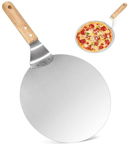 TFLPUO Pizzaschieber Holz, 10 Zoll Pizza Schieber Schaufel Peel Edelstahl Pizzawender Rund Pizzaschaufel mit Holzgriff Aufhängen für Pizza Brot Keksen und Kuchen Silber