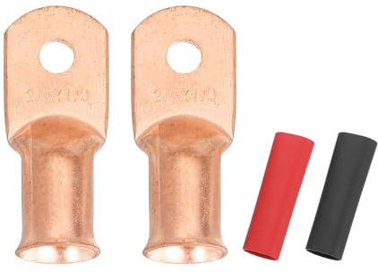 sourcing map 2pcs 2/0 AWG M6 Battery Lugs Ring Terminals, 1/4 6mm Stud Crimp Wire Terminal Connector End Copper, 2:1 Heat Shrink Tubing, Gold
