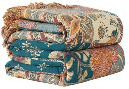 Edcooy Boho Throw Blanket for Bed 80”x90”, 100% Cotton Woven Blanket for Couch Sofa, Ultra Soft 4-Layer Muslin Quilt with Patchwork Floral Printed, Farmhouse Bed Blanket/Cover for Living Room Decor
