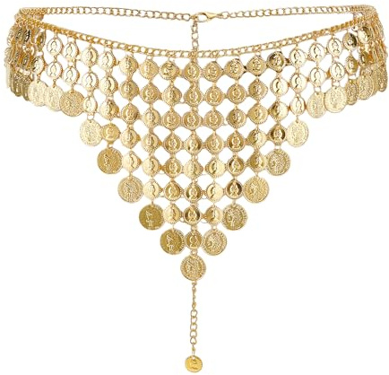 NICENEEDED Ceinture Foulard de Danse du Ventre en Pièces de Monnaie Jupe de Danse à Franges et Chaîne de Corps Ajustable pour Danseuses du Ventre Ceinture à Chaînes pour Costume de Danse Orientale