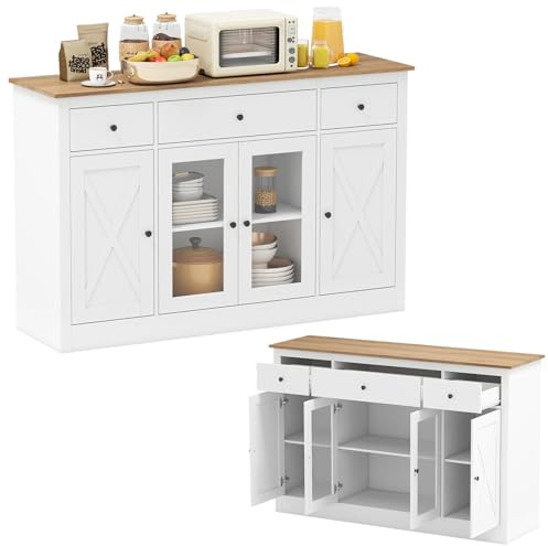 KOMFOTTEU Mobile Buffet Basso, Credenza Moderna da Cucina con 3 Cassetti, 3 Armadi con Ante, Mobiletto Multiuso con Ripiani Regolabili per Soggiorno, Sala da Pranzo, 140x40x90cm (In 2 Pacchi) (Bianco)