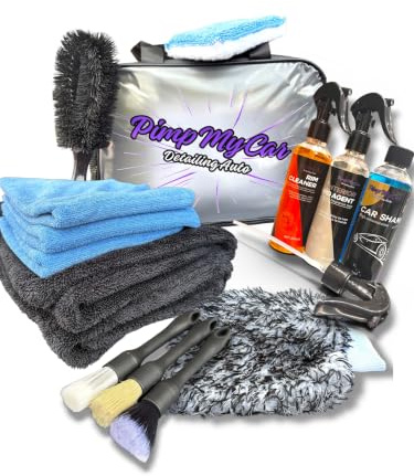 Pimp My Car – Kit Nettoyage Voiture complet - Sac Detailing auto intérieur extérieur - Microfibre, Microfibre Séchage, Shampoing, Nettoyant Jantes, APC, Pinceaux, Brosse Jantes, Gant Lavage, Scrub Pad