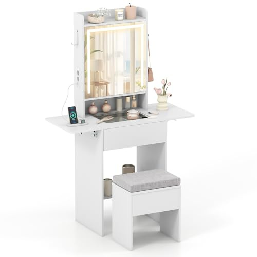 Multigot Vanity Desk with Mirror (White) | Makeup Table and Stool Set with Visible Glass Top, Power Outlets, Fold-up Panels & 3 Color Lighting Modes