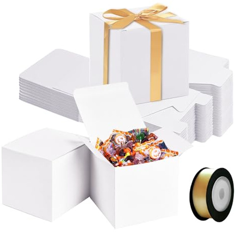 Pappschachteln, 20 Stück Geschenkbox Klein mit Deckel Weiß, 10x10x10 cm | Kleine Geschenkboxen mit Bändern für Geschenke Partys Geburtstag Hochzeit Kommunion Halskette Ohrring Süßigkeiten