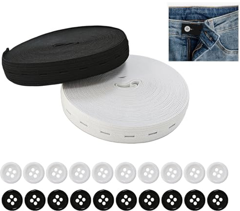 Kit de Costura Elástica - Banda Elástica de 14 m con Ojales y 20 Botones de Resina, Blanco y Negro - para Proyectos de Costura y Ajustes de Prendas - Material de Calidad Duradero