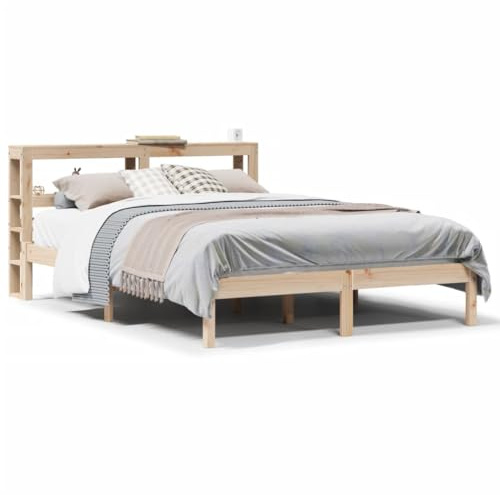 QJBSAVVA Massivholzbett 150x200 cm ohne Matratze - Bettgestell aus Kiefernholz mit Kopfteil und Regalböden, Doppelbett mit Stauraum und Lattenrost, Holzbett für Schlafzimmer und Gästeräume