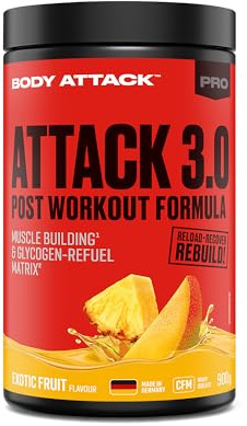 Body Attack Post Workout Shake POST ATTACK 3.0 I Workout All in One Formula I Maltodextrin, Whey Protein, BCAA, CREAZ, L-Glutamin I Muskelaufbau & Regeneration I 900g (Exotic Fruit)