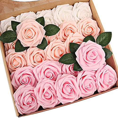 N&T NIETING Artificial Flower Roses, 25pcs Real Touch Foam Roses with Stems