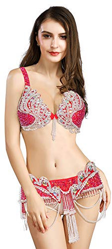 ROYAL SMEELA Bauchtänzerin Kostüme für Damen Bauchtanz BH und Gürtel Tanzoutfit Bauchtanz Kostüm Karneval BH Gürtel - Rot - X-Groß