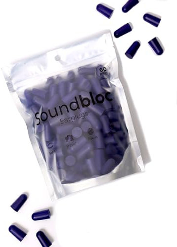 Soundbloc Earplugs™ Thermo Foam (60 Pairs) – Foam Ear Plug for Sleeping Travel Work High Noise Cancelling Protection Motorsports 38dB (Midnight, Medium - Large)