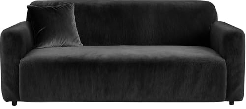 Yeahmart Thick Sofa Covers 1/2/3/4 Seater Pure Color Sofa Protector Velvet Easy Fit Elastic Fabric Stretch Couch Slipcover (Black, 3 Seater 195-230cm)