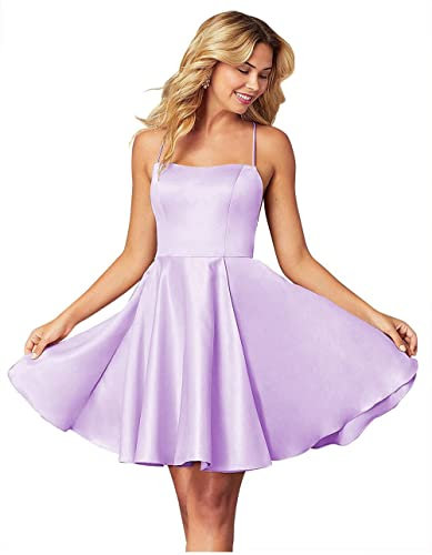 WSEYU Robe de soirée courte en satin à bretelles spaghetti avec poches pour adolescents CD015, lilas, 44