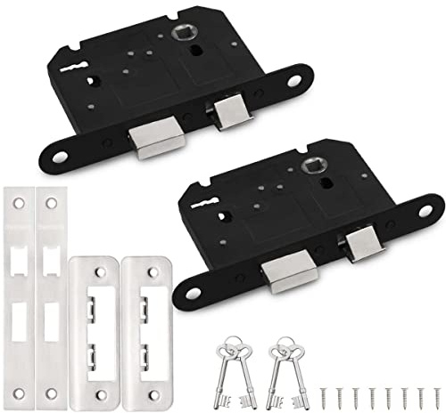 Bwintech 2 PCS 3 Lever Satin Nickel Mortice Sashlock 65mm (2.5 Inch), Door Lock with Key for Internal Doors, Reversible Catch
