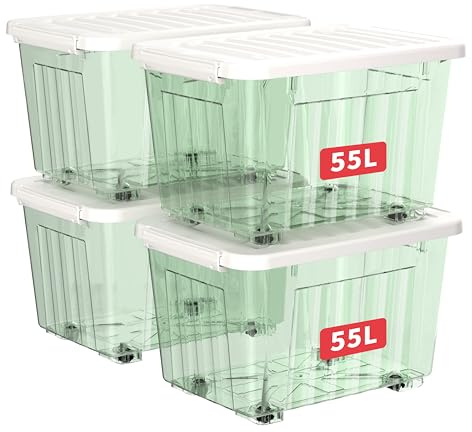 Cetomo 55L*4 Cajas de Almacenamiento con Tapas, Contenedores de Plástico con Ruedas, Clip On, Apilables, Encajables, Organizador Rayado para Oficina en Casa, Verde Claro, 55L-4 Pack