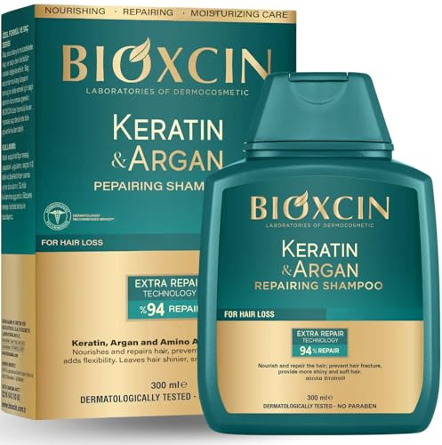 BIOXCIN Keratin & arganschampo 300 ml – reparerande hårschampo för torrt och skadat hår – anti-hårbrott och fukt – vård för glans och struktur