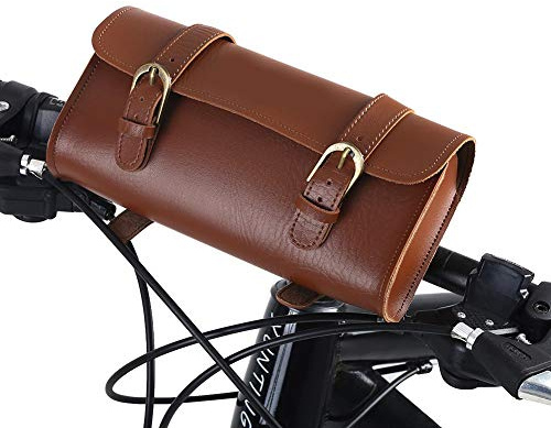 BOROCO Fahrradtasche MTB Im Freien Fahrradtaschen Motorradtasche Leder 2 Riemen Schnallenverschluss Praktische Retro Fahrradtasche für Ebike Lenker Mountainbike Gabeln (22.2x9.8x6 cm)