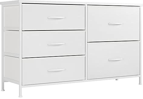 Nicehill White Dresser for Bedroom with 5 Drawers, Small Dresser for Kids' Bedroom, Closet, Wide Chest of Drawers with Storage Drawers, Wooden Top, Steel Frame, Modern, White, 30 * 100 * 61