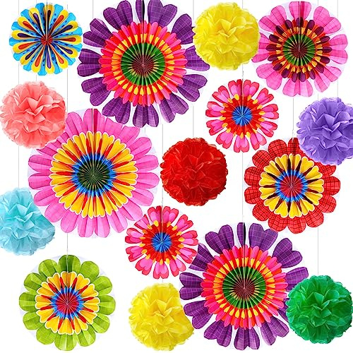 Outus 21 Pcs Spring Flower Hanging Paper Fans Flower Paper Fans Classroom Decorations Springtime Summer Tissue Pom Poms for Ceiling Wedding Birthday Party Supply Classroom Decor(Spring Flower)