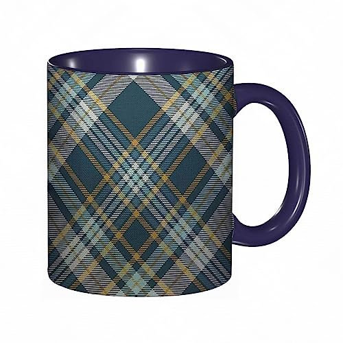 Tasse Keramik Plaid Check Patten Teal Green Robin Egg Blue und Senfgelb Kaffeetassen Große 330ml Mit Henkel 100% Handbemalt Trinkgläser Mit Griff Personalisierte Geschenk