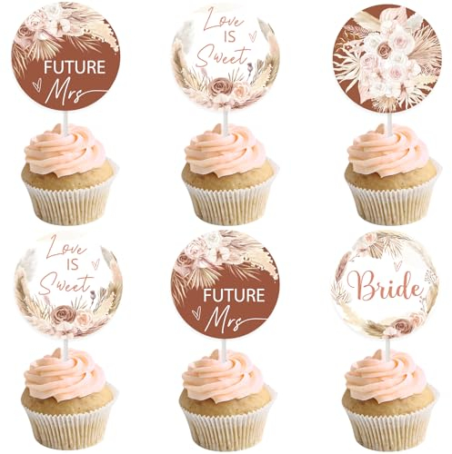 24 Pcs Boho Bridal Shower Cupcake Toppers, Pampas Grass Love Is Sweet Future Mrs Pink Flowers Cupcake Picks for Wedding Engagement Bachelorette Hen Party Cake Decorations Supplies