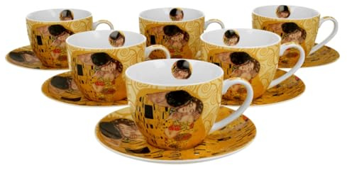 DUO ART GALLERY 6er-Set Tassen 220 ml THE KISS ECRU mit Untertassen, New Bone China Porzellan