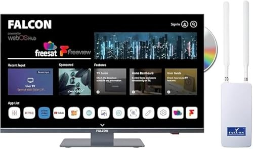 Falcon WebOS Combo Smart TV de 22 pulgadas con enrutador móvil de 150 Mbit, Mirrorcast, Apple Play, reproductor de DVD, TV de camping de 12/24 V, sintonizador triple, Freesat, Freeview, Bluetooth,