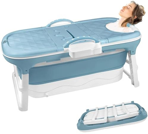 XMTECH Faltbare Badewanne Erwachsene, Mobile Badewanne freistehend für Badezimmer 118x60x53 cm, Tragbare klappbare Bathtub L mit Badewannenablage & Massagerollen für kleines Badezimmer