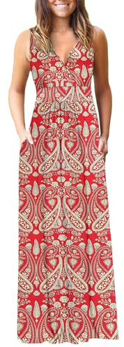 AUSELILY Dam sommar maxiklänning ärmlös lång klänning v-ringad aftonklänning elegant med fickor, Boho blommig röd, XXL