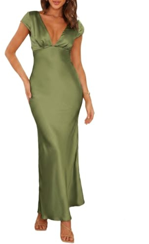 Halfisland - Lång satinklänning för kvinnor, sommar, V-ringad, cap ärm, rygglös, elegant, maxi draperad, midilång, bröllopsgästklänning