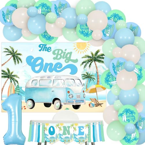 JOYMEMO Surf 1. Geburtstag Dekorationen für Jungen Mädchen - Blau und Grün The Big One Surf Geburtstag Ballongirlande mit Hochstuhl Banner, Strand Surfen ersten Geburtstag Party