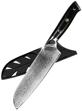 FBITE Coltello da cucina Damasco Coltello Santoku giapponese professionale da 7 pollici Copri coltello da cucina in acciaio damasco for affettare