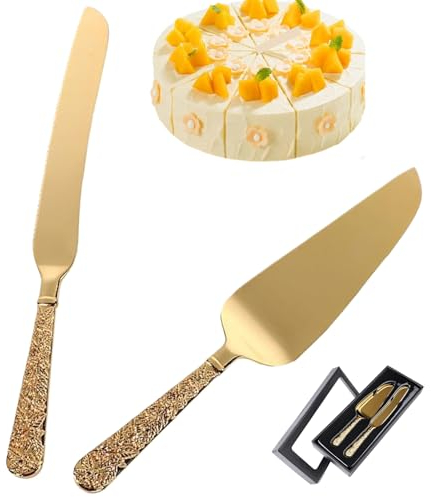 Juego de corte de pastel para boda Juego de 2 cuchillos y servidor para pastel Juego de corte de pastel dorado grabado vintage para bodas, cumpleaños y aniversarios Cortador de pastel Servidor de past