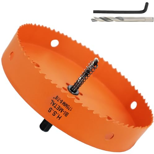 175mm Hole Saw, 6-7/8'' HSS Bi-Metal Hole Cutter with Arbor, Cutting Depth 32 mm, Hole Saw Drill Bit for Cutting Wood, Plywood, Plastic, Drywall, Thin Metal Sheets (with 1 spare drill)