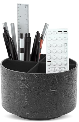 Czzmy Rund Stiftehalter,Leder,360° drehbar,Fernbedienungshalter, drehbarer Nachttisch, TV-Fernbedienung, Schreibtisch-Organizer für Stifte, Bürobedarf, Aufbewahrungsbox(1-Schnitzerei Schwarz)