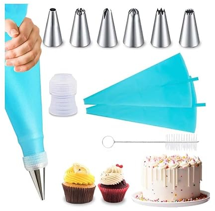 Set di 11 beccucci russi in acciaio inox, per decorare torte, fiori, glassa, pasticceria, pasticceria, dessert, set con sac à poche in silicone blu